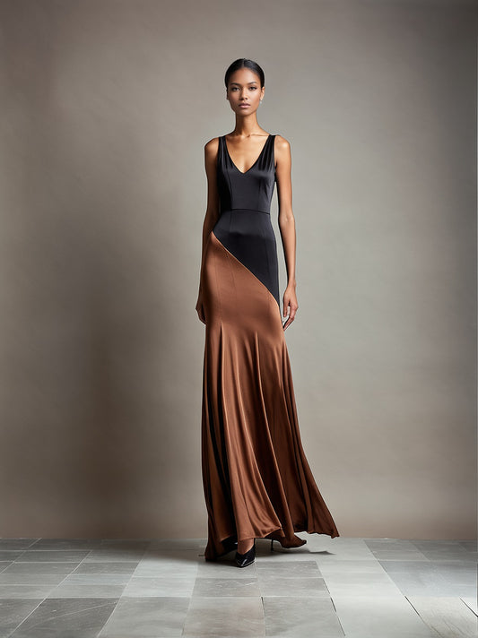 luxury evening dress, silk satin dress, black and brown dress, cocktail dress, high society fashion, elegant slip dress, London night out, timeless fashion, designer dress, understated luxury, sophisticated eveningwear, minimalist elegance, Parisian chic, exclusive fashion, high-end fashion, elegantes Abendkleid, Seidensatinkleid, Schwarz-Braun Kleid, Cocktailkleid, luxuriöse Mode, High-Society-Look, Designer-Kleid, dezenter Luxus, moderne Eleganz, exklusives Kleid