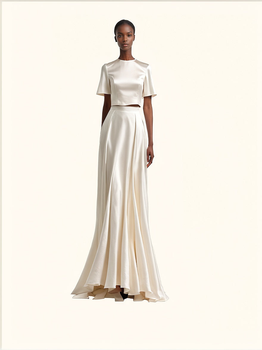 duchess satin gown, white evening dress, luxury gown, minimalist bridal dress, top and skirt set timeless elegance, high fashion dress, Mayfair style, London socialite dress, couture gown, refined fashion, sophisticated luxury, effortless grace, modern vintage, Parisian haute couture, iconic white dress, Duchess Satin Kleid, weißes Abendkleid, luxuriöses Kleid, High-Society Mode, zeitlose Eleganz, modernes Brautkleid, Couture Kleid, raffinierte Mode, Pariser Chic, ikonisches Weiß