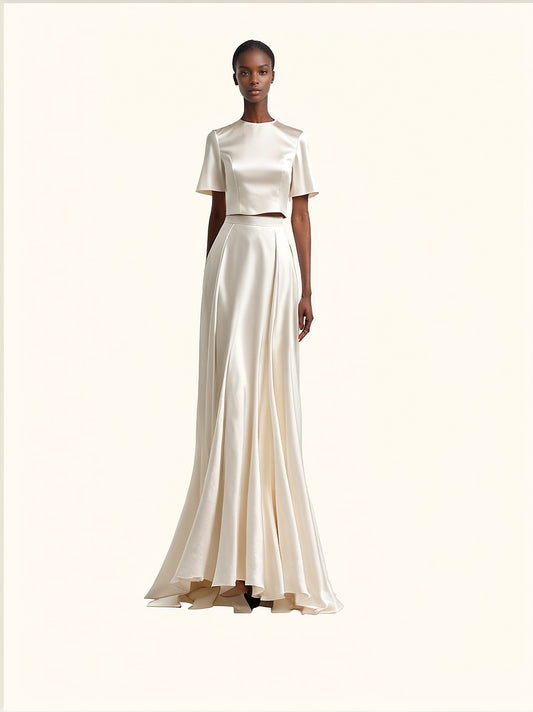 duchess satin gown, white evening dress, luxury gown, minimalist bridal dress, top and skirt set timeless elegance, high fashion dress, Mayfair style, London socialite dress, couture gown, refined fashion, sophisticated luxury, effortless grace, modern vintage, Parisian haute couture, iconic white dress, Duchess Satin Kleid, weißes Abendkleid, luxuriöses Kleid, High-Society Mode, zeitlose Eleganz, modernes Brautkleid, Couture Kleid, raffinierte Mode, Pariser Chic, ikonisches Weiß